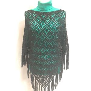 Sweaters - Black Crocheted Poncho with Fringe Detail Sweaters - Black Crocheted Poncho with Fringe Detail